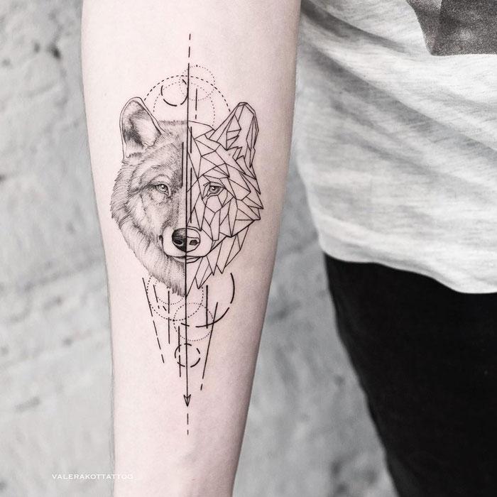 Мужское тату с животными на предплечье в стиле графика, дотворк, геометрия и випшейдинг. Татуировка волка для мужчин